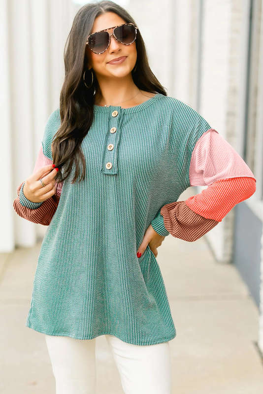 Multicolour Twisted Ribbed Knit Colorblock Henley Top