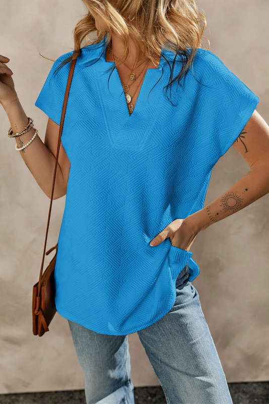Sky Blue Textured V Neck Collared Short Sleeve Top