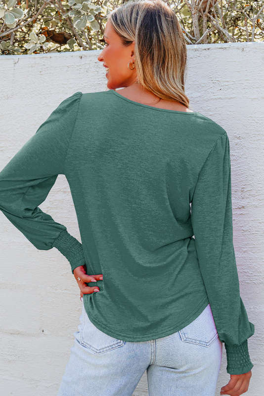 Blackish Green Shirred Shoulder Frilled Cuffs Long Sleeve Top
