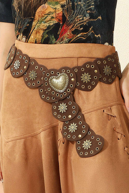 Coffee Bohemian Vintage Bronze Detail Heart Connected PU Belt