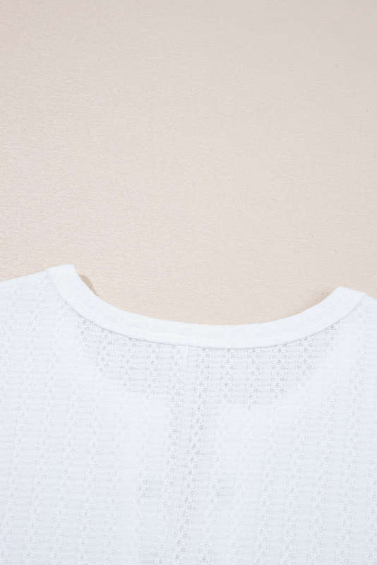 White Textured Hollow Grommet Placket Split Neck Short Sleeve Top
