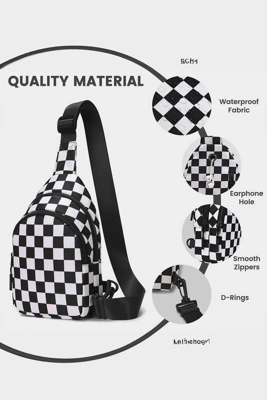 Black Checkered Print Zip Front Sling Backpack Crossbody Bag