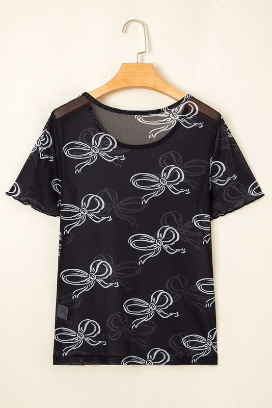 Black Bow Printed Mesh Short Sleeve Top