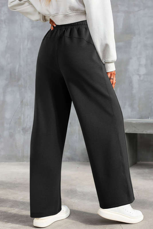 Black Scuba Drawstring Elastic Waistband Solid Color Sweatpants