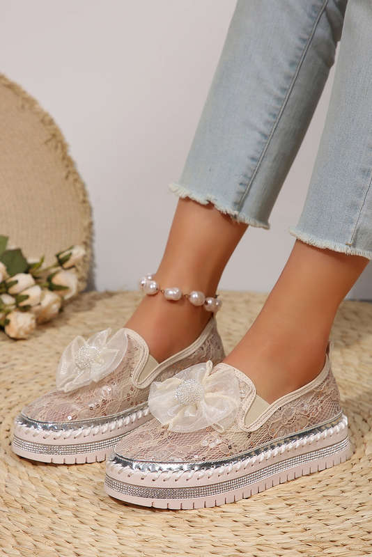 White Glossy Bow Decor Breathable Lace Loafer Shoes