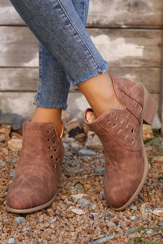 Red Sandalwood Cut Out Suede Pointed Toe Heeled Ankle Boots