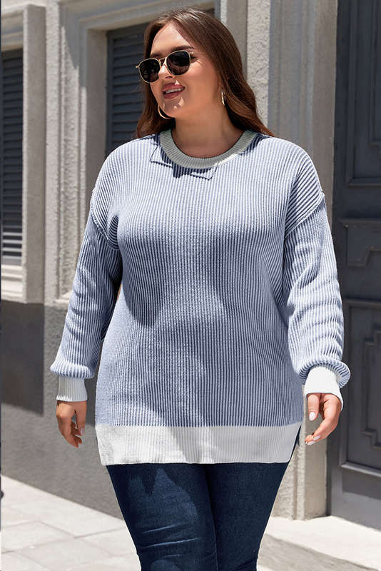 Blue Stripe Plus Size Contrast Trim Crew Neck Rib Knit Drop Shoulder Sweater