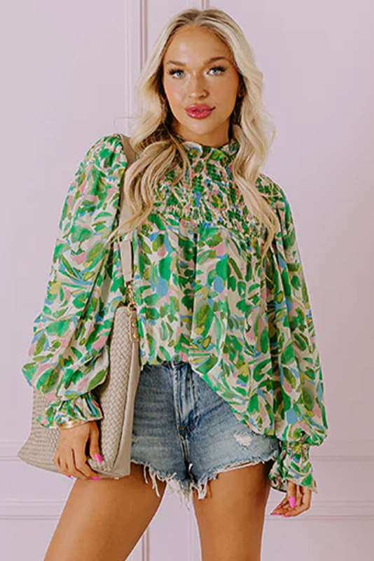 Green Leafy Printed Flounce Sleeve Shirred Mock Neck Blouse