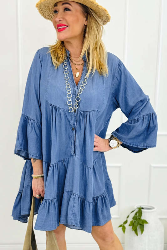 Blue V-Neck Knitted Summer Top with Exposed Seams
