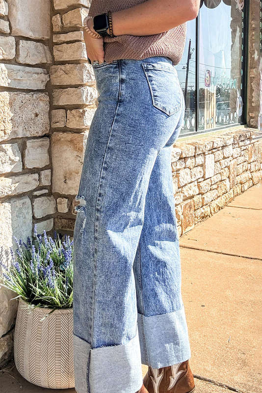 Ashleigh Blue Mineral Wash Bottom Cuff Distressed Wide Leg Jeans