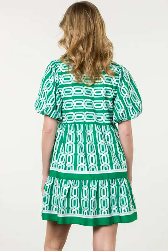 Bright Green Abstract Patterned V Neck Puff Short Sleeve Mini Dress