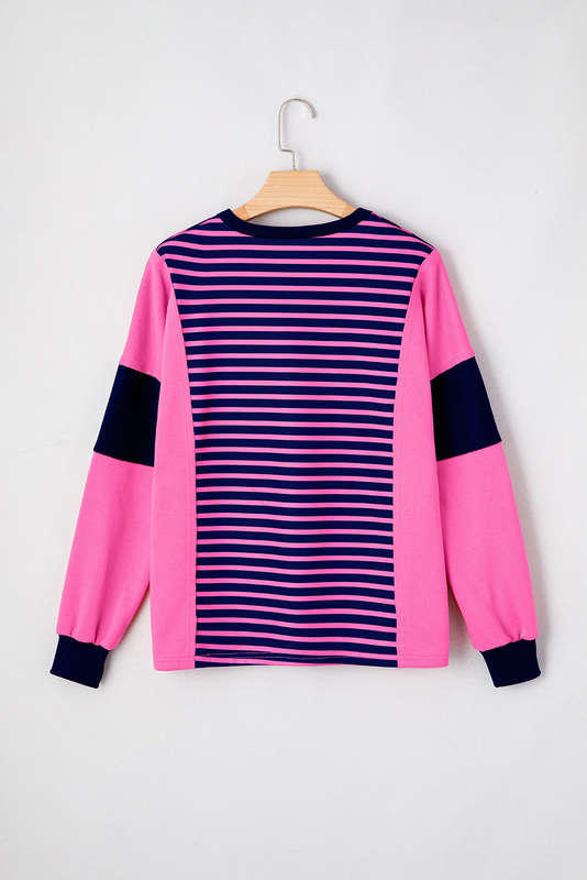 Pink Stripe Color Block V Neck Loose Fit Long Sleeve Top