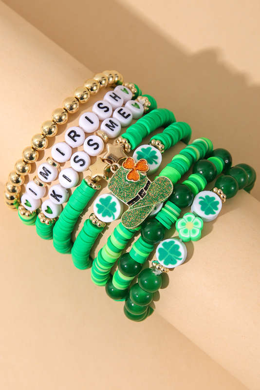 Green St Patricks Shamrock Letter Beaded Multi Layer Bracelet Set