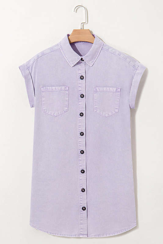 Orchid Petal Short Sleeve Double Chest Pocket Denim Shirt Dress