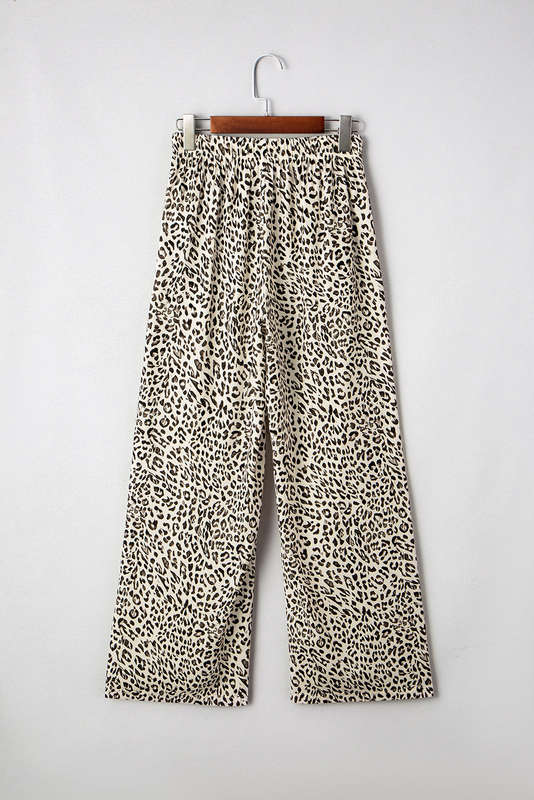 Brown Leopard Drawstring Elastic Waistband Loose Pants