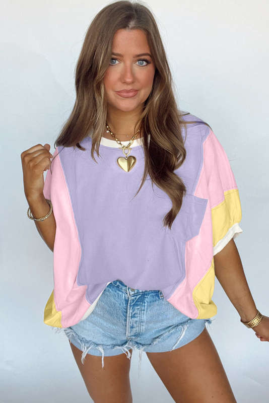 Purple Color Block Patchwork Half Sleeve Oversized T Shirt
