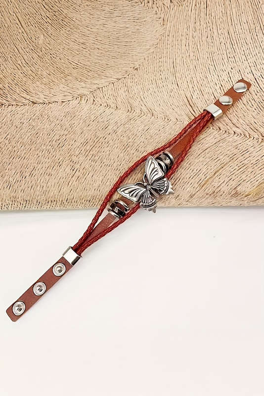 Mineral Red Retro Butterfly Decor Exotic Faux Leather Braided Snap Button Bracelet