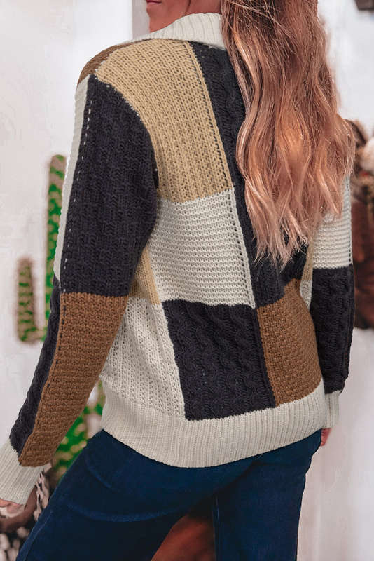 Multicolour Color Block Cable Knit Sleeve Buttons Collared Sweater