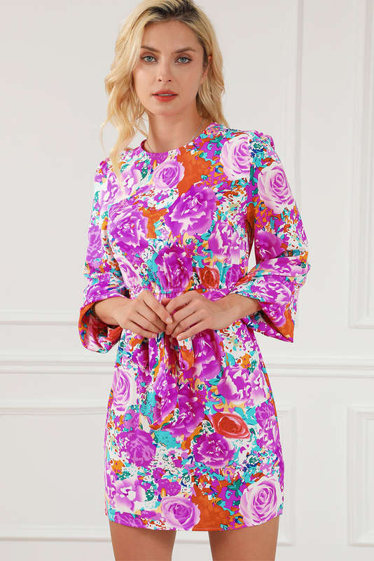 Purple Floral Keyhole Back Long Sleeve Belted Dress