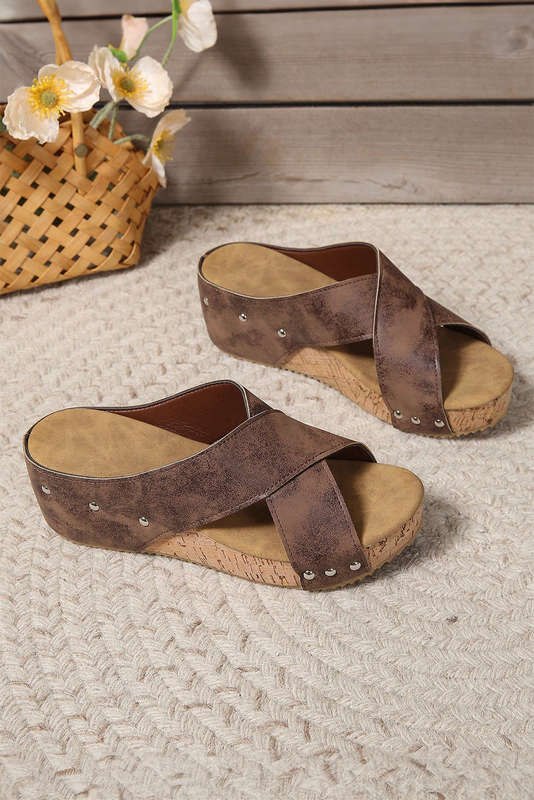 Coffee Criss Cross Cut Out PU Leather Wedge Slippers
