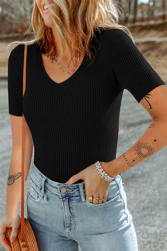 Black V Neck Ribbed Knit Lightweight Short Sleeve Sweater