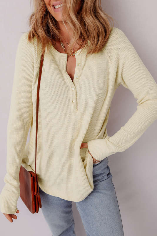 Oatmeal Textured Knit Half Buttons Henley Top