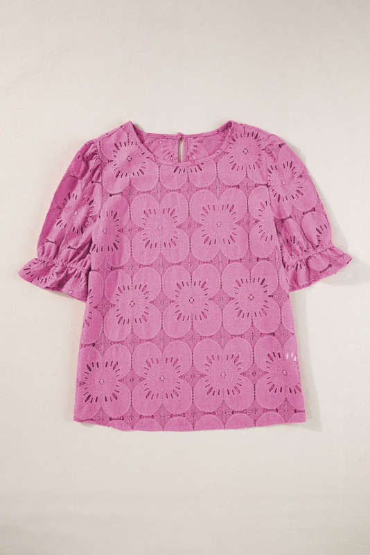 Bright Pink Flower Eyelet Jacquard Keyhole Flounce Sleeve Top