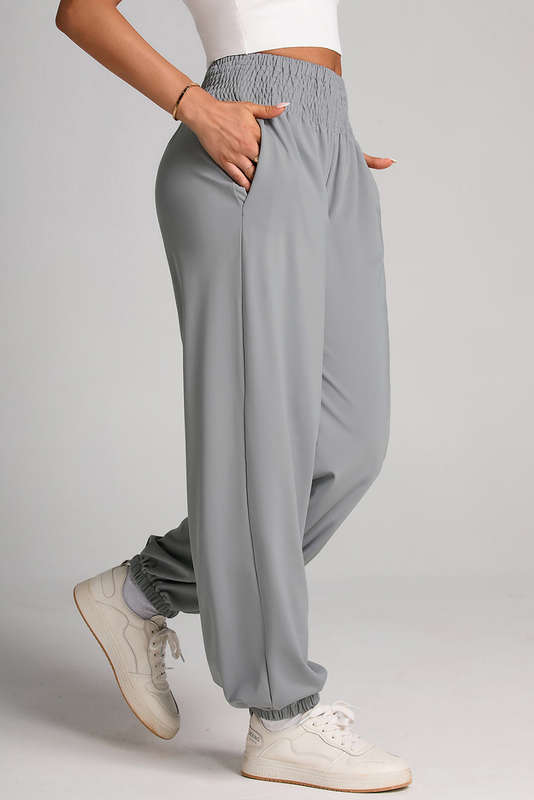 Gray Smocked High Waist Joggers