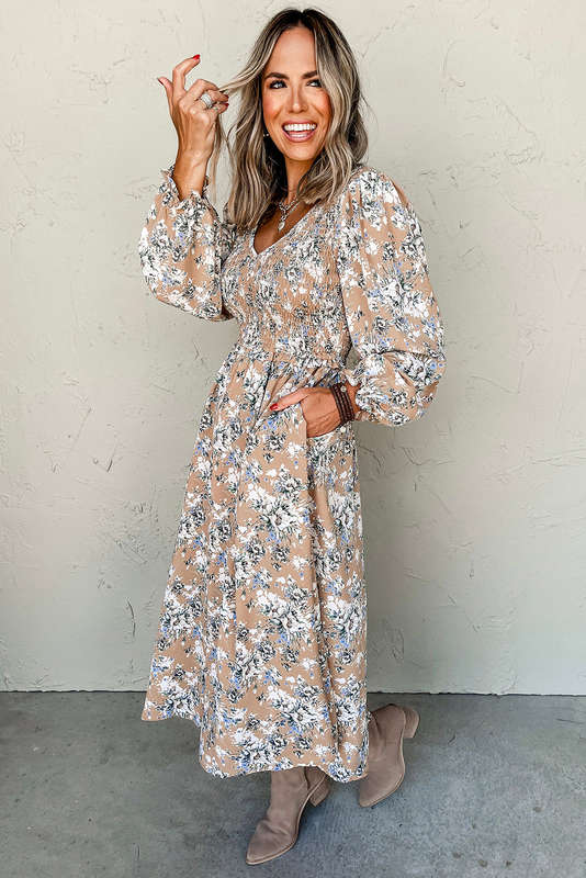 Khaki Maple Grove Floral Smocked Puff Sleeve Long Dress