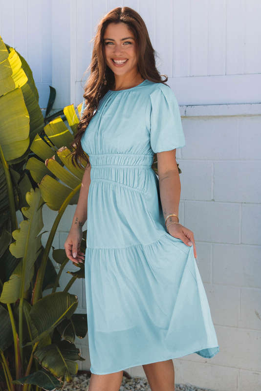 Light Blue Puff Sleeve Pleated High Waist Flowy Midi Dress