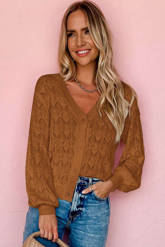 Brown Lightweight Buttoned Front Crochet Cardigan