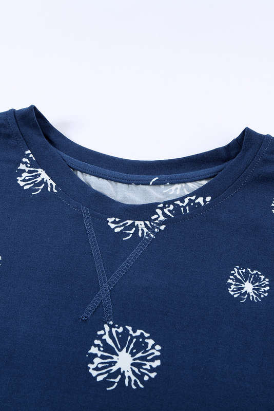 Blue Dandelion Print Crew Neck T-shirt