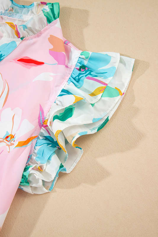 Multicolour Contrast Floral Patchwork Notched Neck Flutter Sleeve Blouse