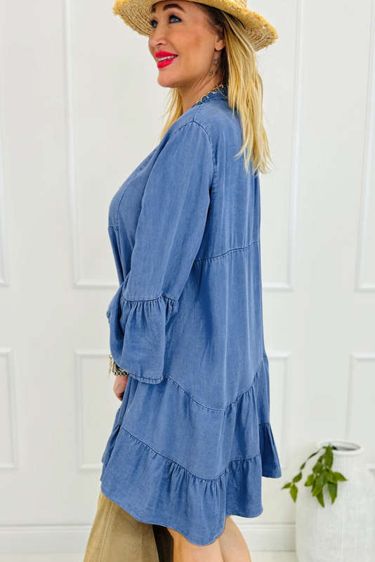 Blue V-Neck Knitted Summer Top with Exposed Seams
