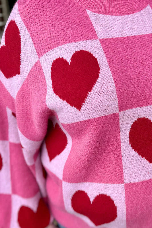 Pink Love Heart Checkered Valentine Crew Neck Sweater