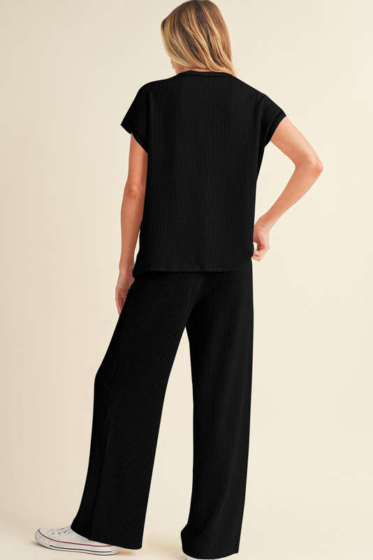 Black Solid Color Corded Short Sleeve Top and Casual Pants Set