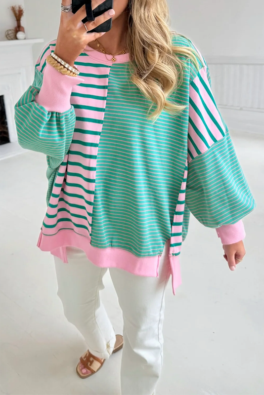 Green Stripe Mix Pattern Color Block Patchwork Side Slit Baggy Sweatshirt