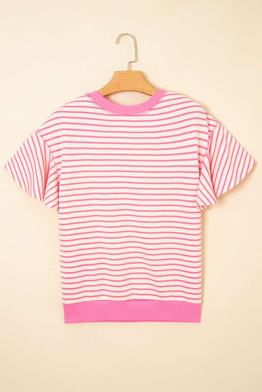 Sachet Pink Striped Guitar Patched Ruffle Short Sleeve Crossed Seam Blouse
