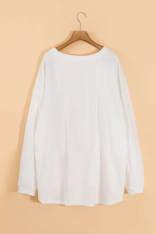 White Solid Color Patchwork Drop Shoulder Baggy Sweatshirt