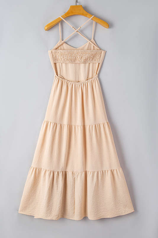 Oatmeal Crossover Backless Bodice Tiered Maxi Dress