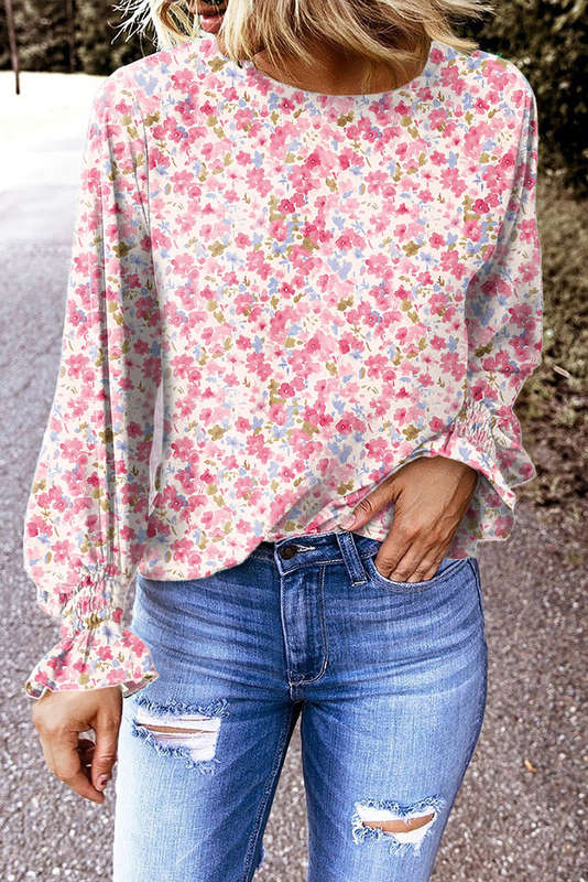 Red Floral Print Sweet Lantern Long Sleeve Blouse