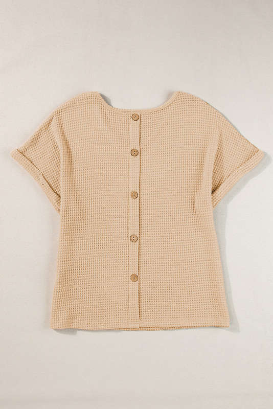 Oatmeal Textured Knit Button Back Cuffed Sleeve Tee