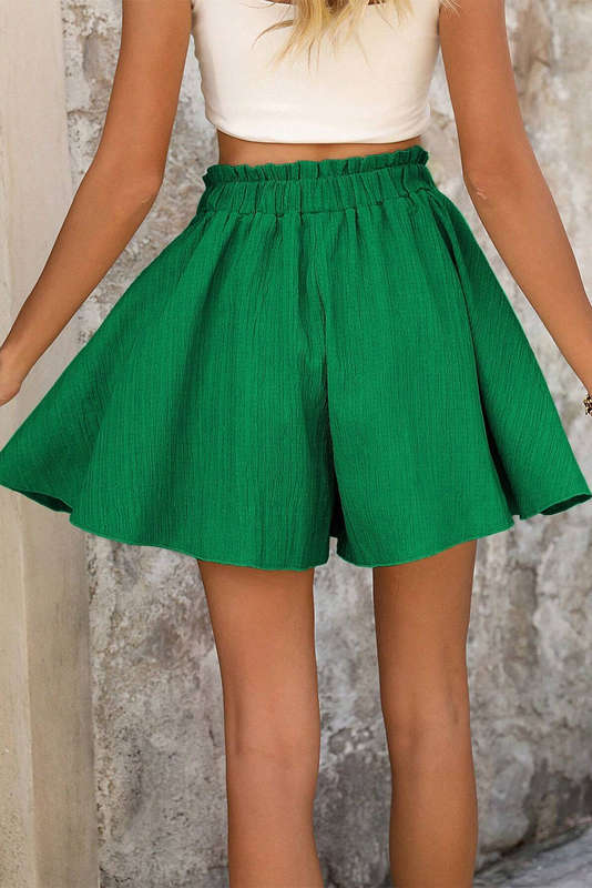 Dark Green Textured Frilled Lace-up High Waist Ruffle Wide Leg Shorts