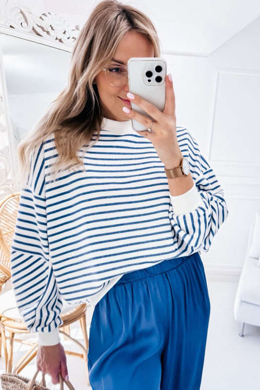 Blue V-Neck Knitted Summer Top with Exposed Seams