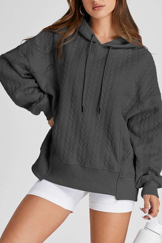Gray Cable Textured Baggy Solid Hoodie