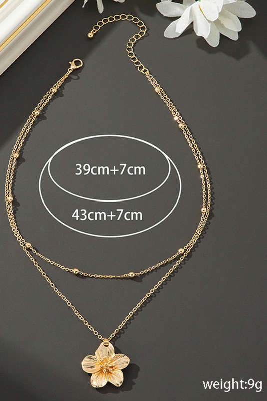Gold Flower Pendant Beaded Double Chain Plated Necklace