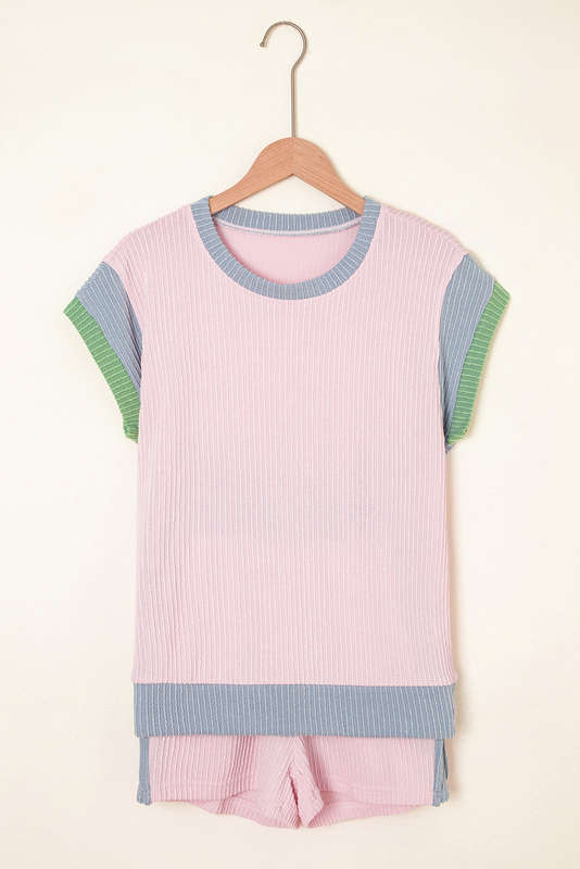 Light Pink Colorblock Corded Short Sleeve Boxy Top and Shorts Set