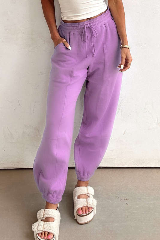 Lilac Drawstring Elastic Waistband Solid Color Jogger Pants
