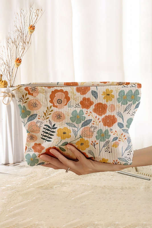 White Floral Print Zipper Corduroy Cosmetic Storage Bag