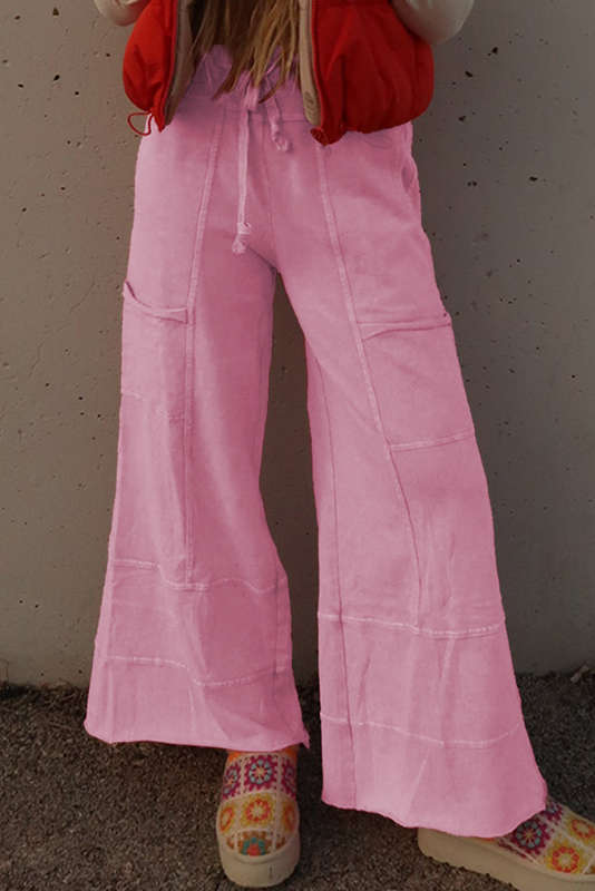 Bonbon Mineral Wash Exposed Seam Drawstring Elastic Waistband Wide Leg Cargo Pants